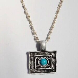 Lia Sophia Rectangle Silver Tone Pendant Necklace Blue Cabochon